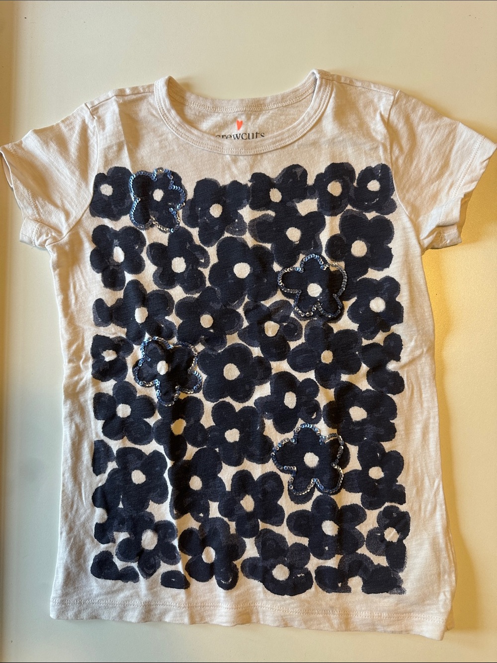 Crewcuts Cream Tee with Navy Floral Sequin Accents